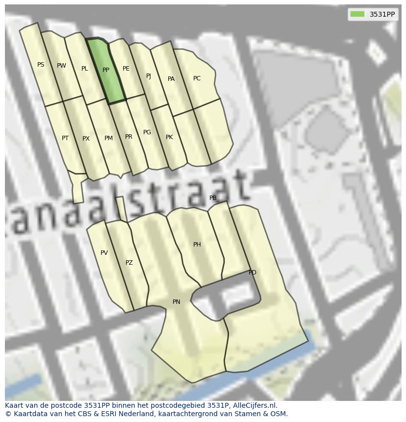 Afbeelding van het postcodegebied 3531 PP op de kaart.