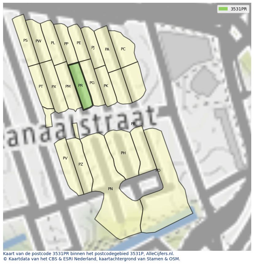 Afbeelding van het postcodegebied 3531 PR op de kaart.
