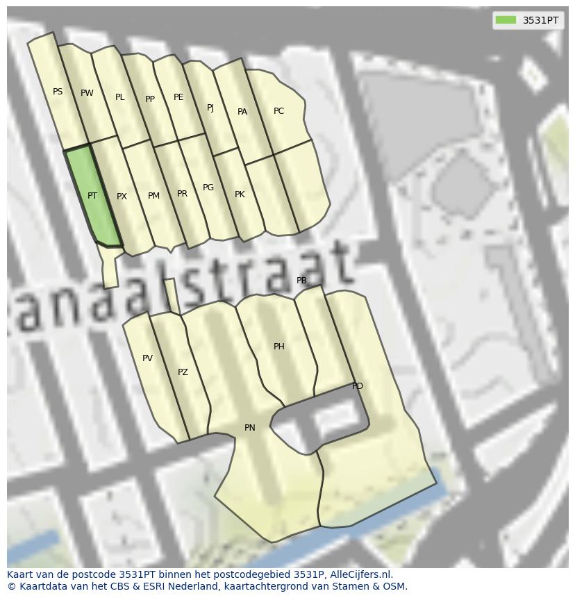 Afbeelding van het postcodegebied 3531 PT op de kaart.