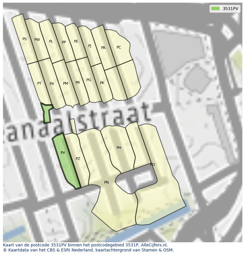 Afbeelding van het postcodegebied 3531 PV op de kaart.