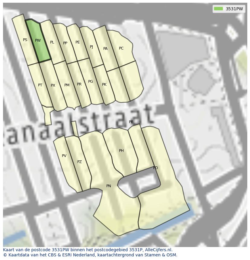 Afbeelding van het postcodegebied 3531 PW op de kaart.