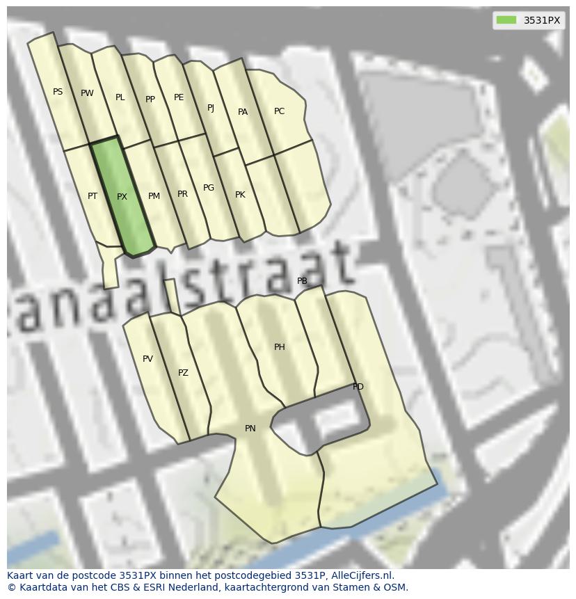 Afbeelding van het postcodegebied 3531 PX op de kaart.