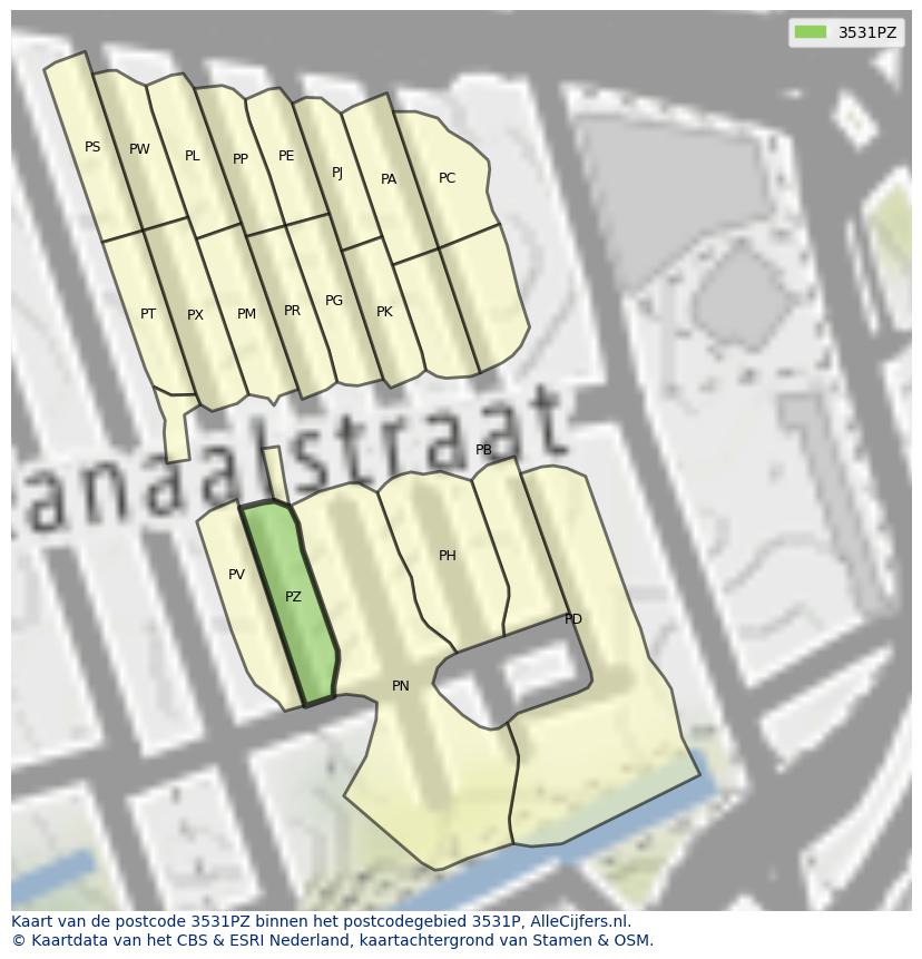 Afbeelding van het postcodegebied 3531 PZ op de kaart.