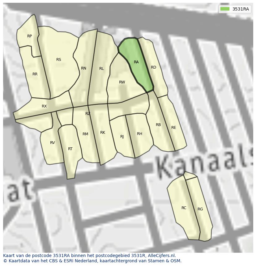 Afbeelding van het postcodegebied 3531 RA op de kaart.