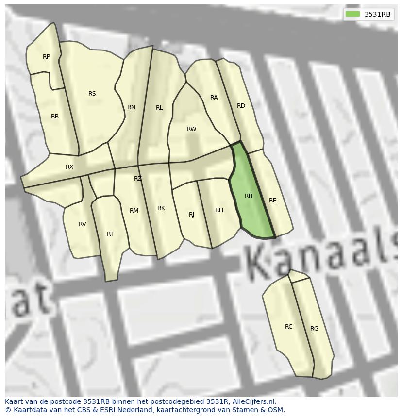 Afbeelding van het postcodegebied 3531 RB op de kaart.
