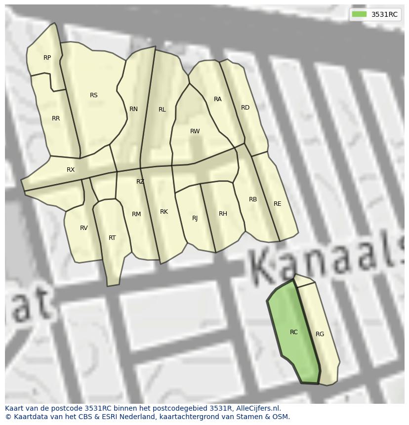 Afbeelding van het postcodegebied 3531 RC op de kaart.