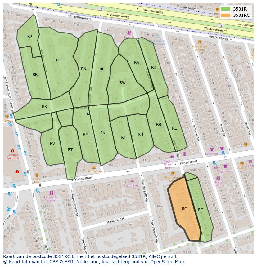 Afbeelding van het postcodegebied 3531 RC op de kaart.