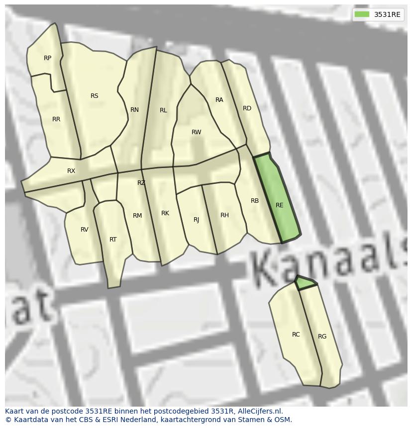 Afbeelding van het postcodegebied 3531 RE op de kaart.