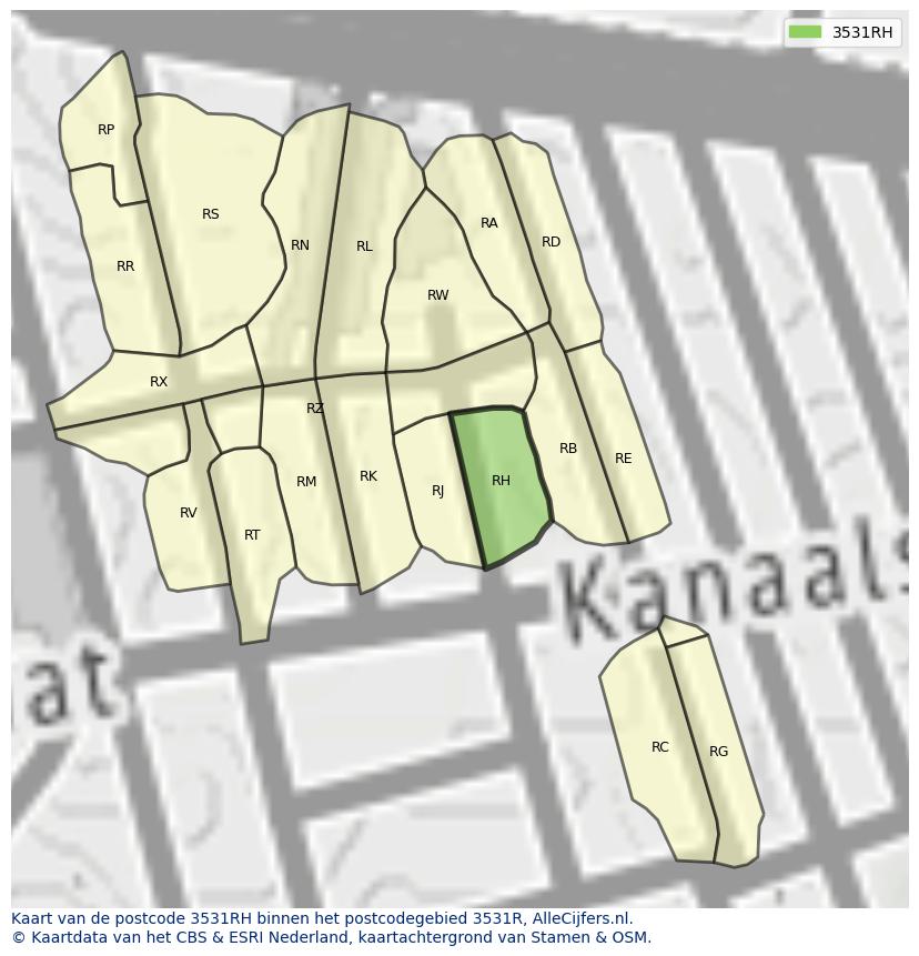 Afbeelding van het postcodegebied 3531 RH op de kaart.