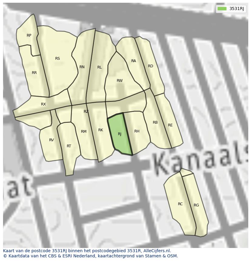 Afbeelding van het postcodegebied 3531 RJ op de kaart.