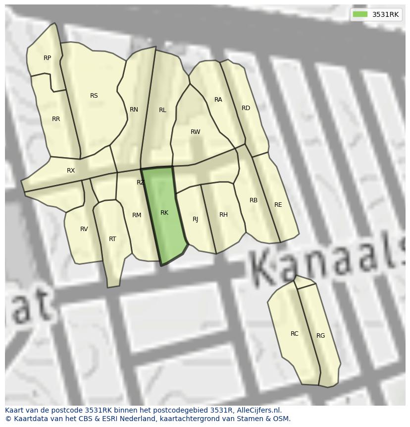 Afbeelding van het postcodegebied 3531 RK op de kaart.