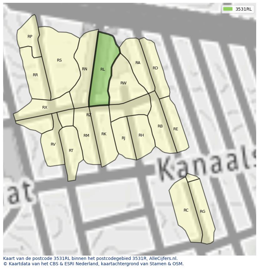 Afbeelding van het postcodegebied 3531 RL op de kaart.