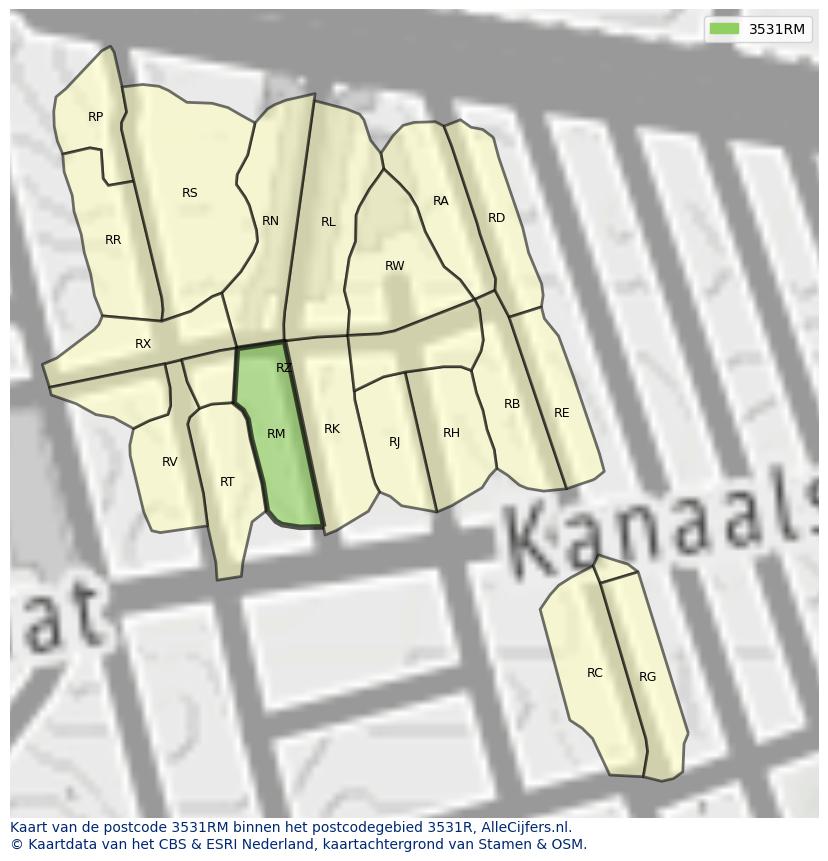 Afbeelding van het postcodegebied 3531 RM op de kaart.