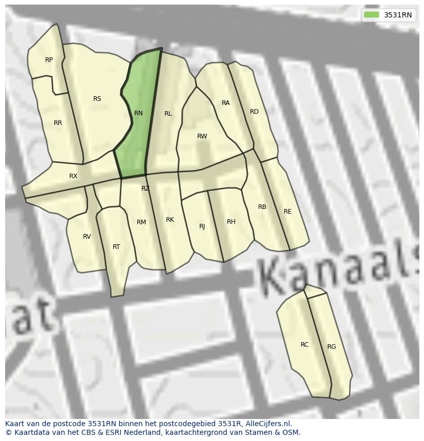 Afbeelding van het postcodegebied 3531 RN op de kaart.