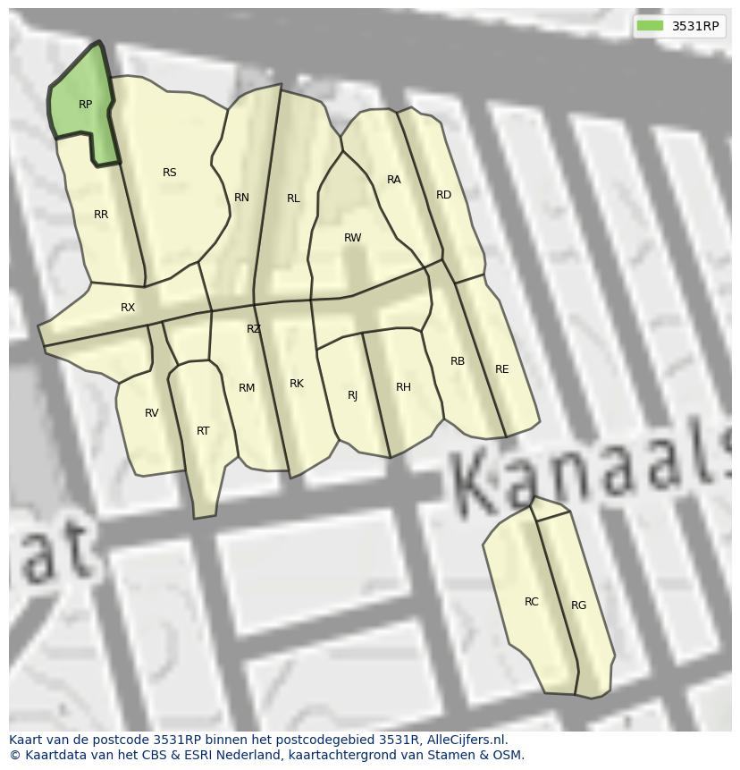 Afbeelding van het postcodegebied 3531 RP op de kaart.