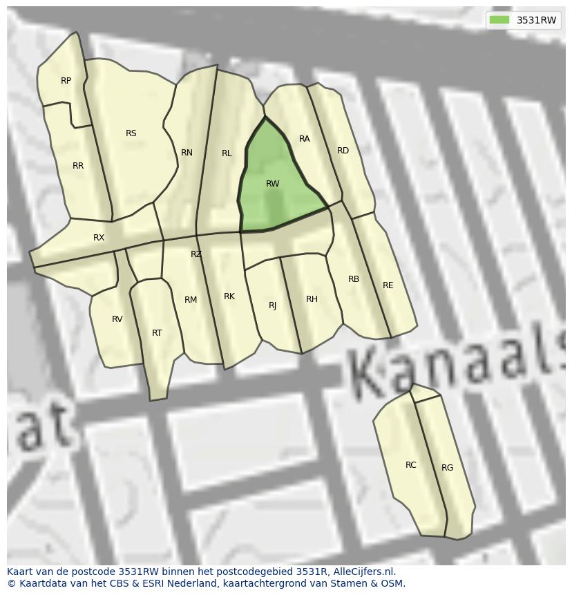 Afbeelding van het postcodegebied 3531 RW op de kaart.