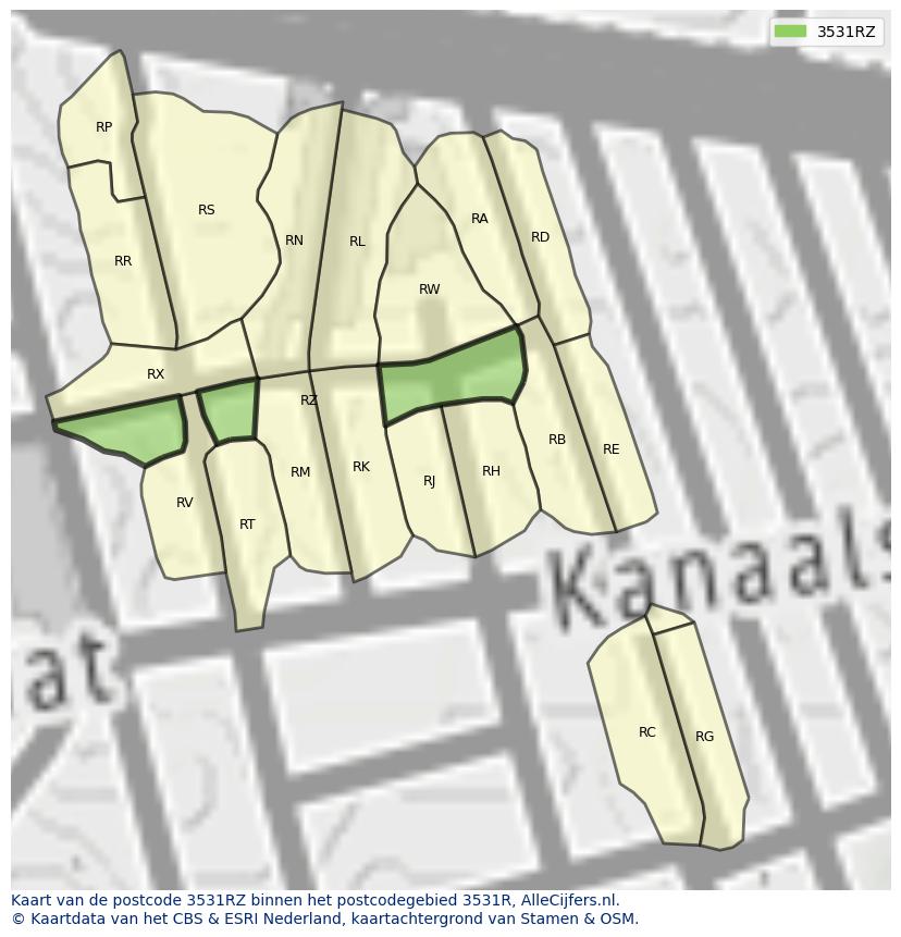 Afbeelding van het postcodegebied 3531 RZ op de kaart.