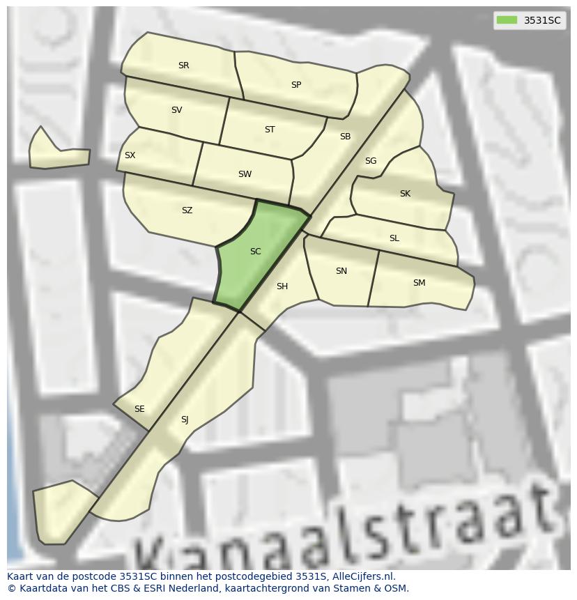 Afbeelding van het postcodegebied 3531 SC op de kaart.