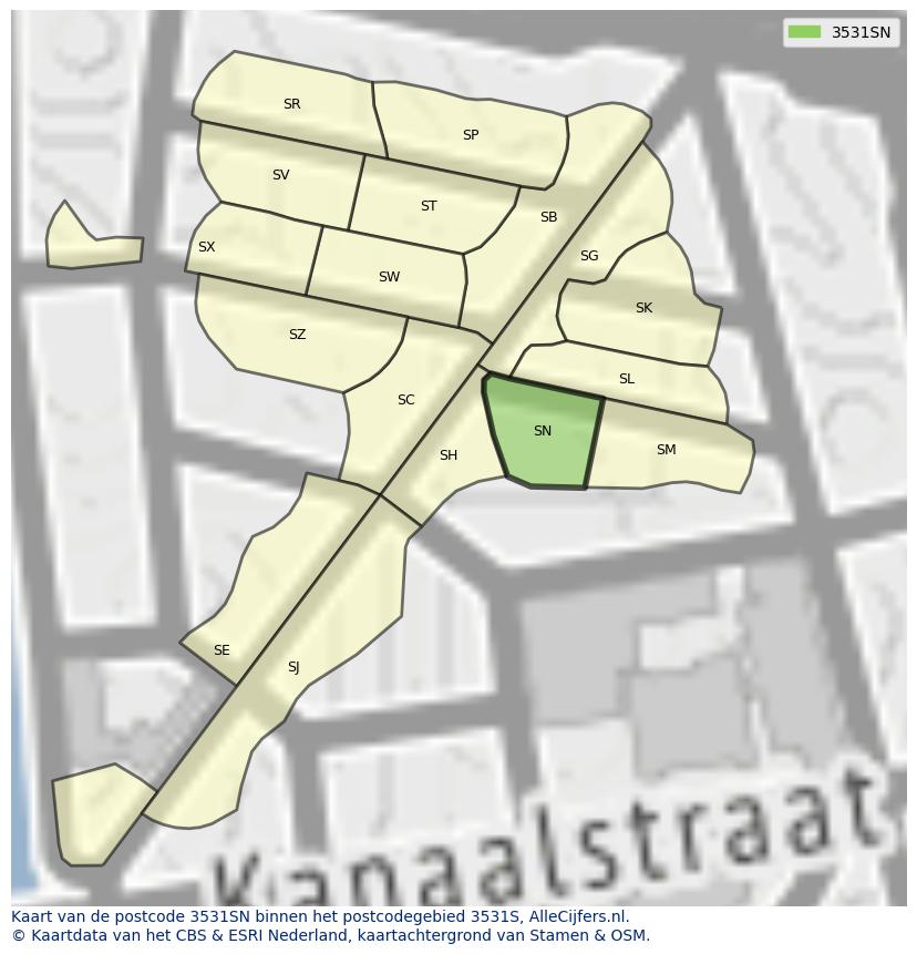 Afbeelding van het postcodegebied 3531 SN op de kaart.