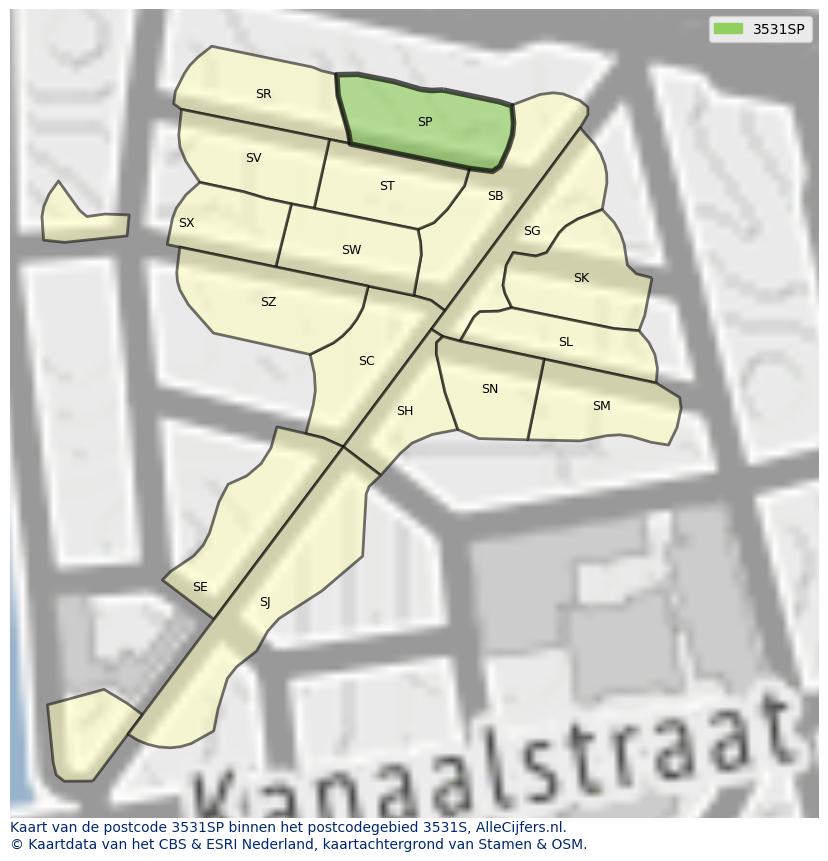 Afbeelding van het postcodegebied 3531 SP op de kaart.