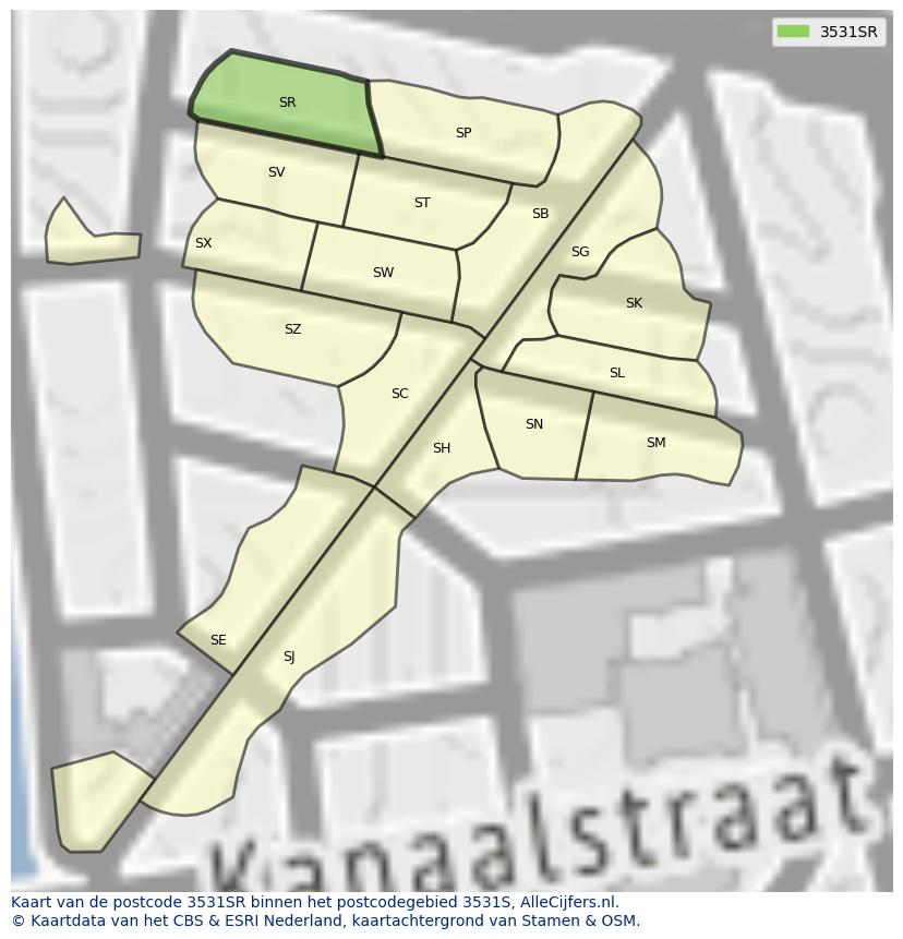 Afbeelding van het postcodegebied 3531 SR op de kaart.