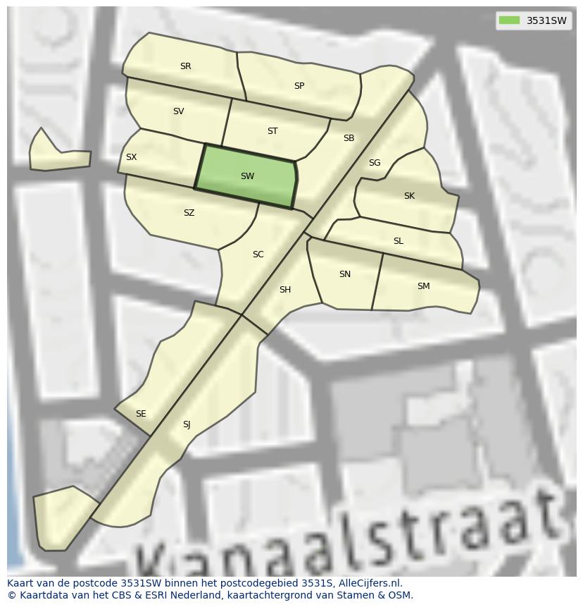 Afbeelding van het postcodegebied 3531 SW op de kaart.
