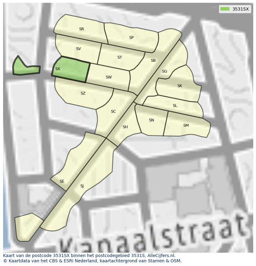 Afbeelding van het postcodegebied 3531 SX op de kaart.