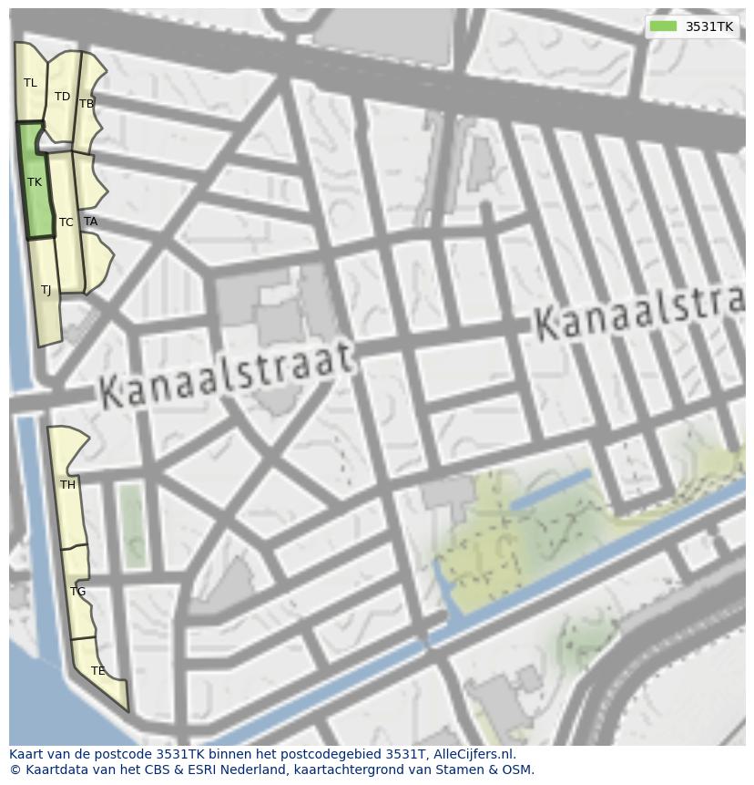 Afbeelding van het postcodegebied 3531 TK op de kaart.