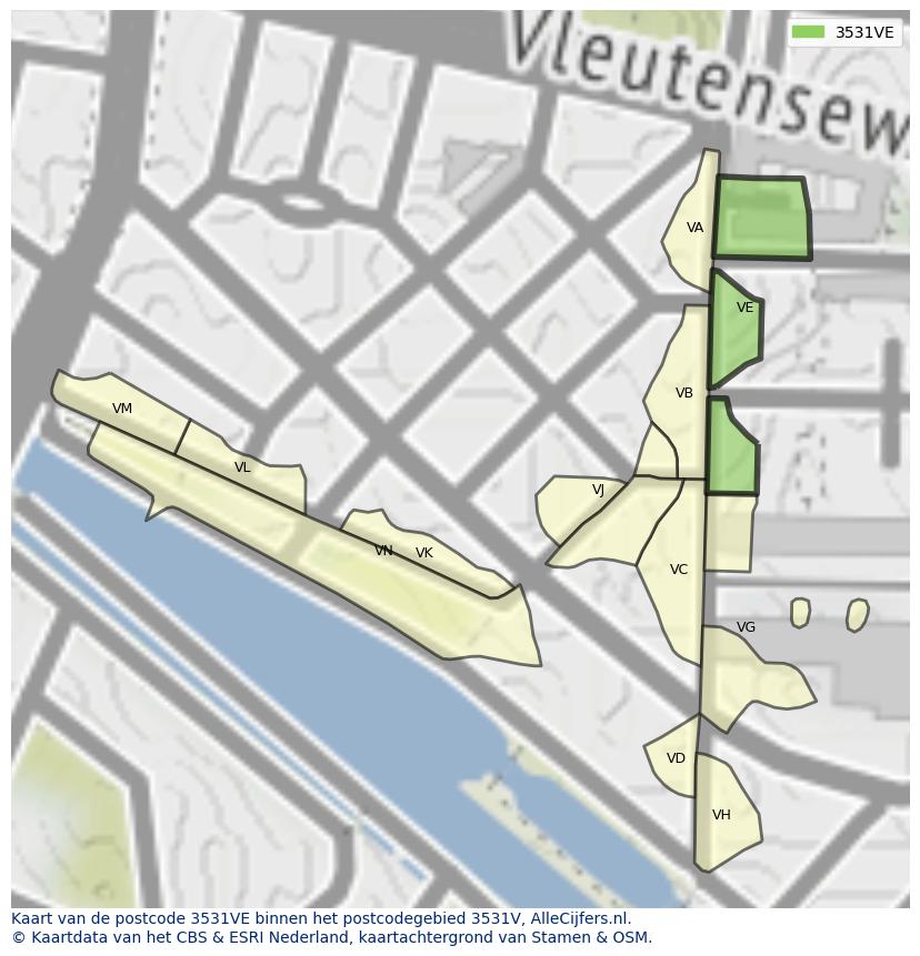 Afbeelding van het postcodegebied 3531 VE op de kaart.