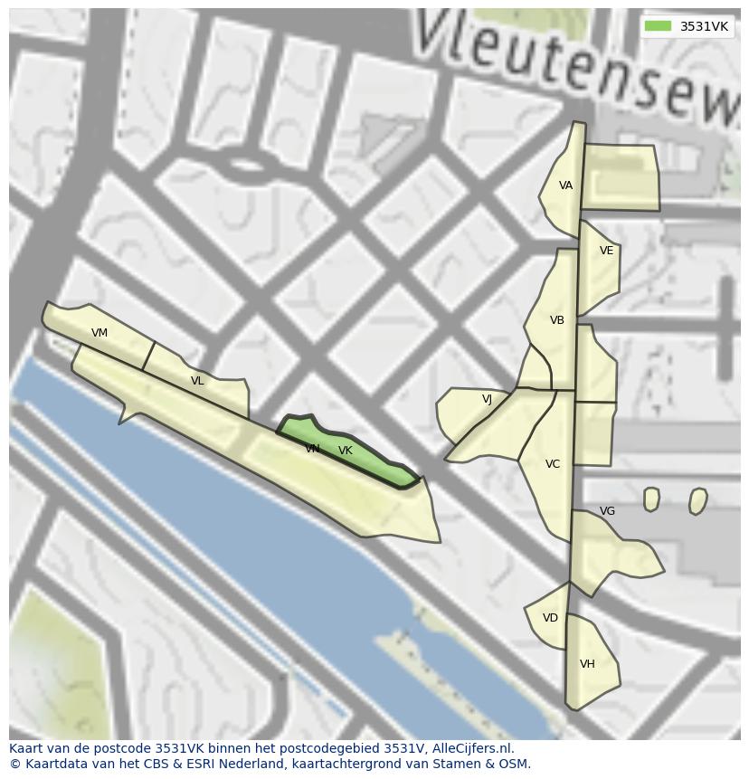 Afbeelding van het postcodegebied 3531 VK op de kaart.