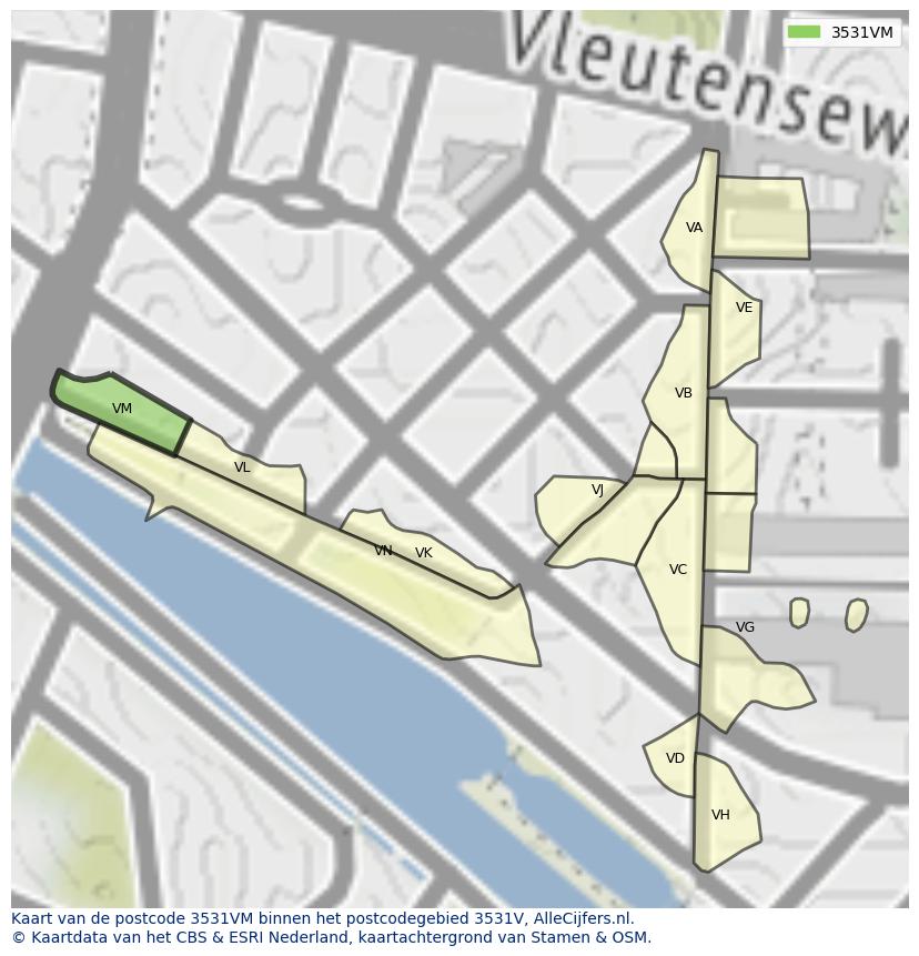 Afbeelding van het postcodegebied 3531 VM op de kaart.
