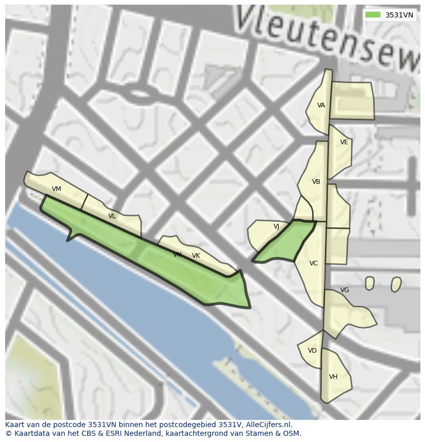 Afbeelding van het postcodegebied 3531 VN op de kaart.