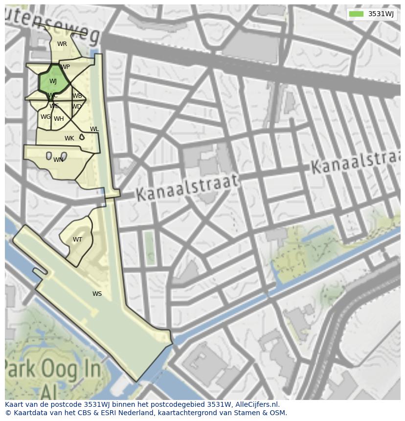 Afbeelding van het postcodegebied 3531 WJ op de kaart.