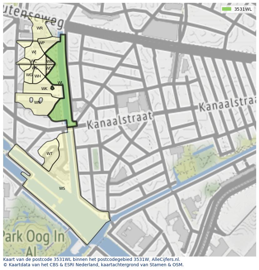 Afbeelding van het postcodegebied 3531 WL op de kaart.