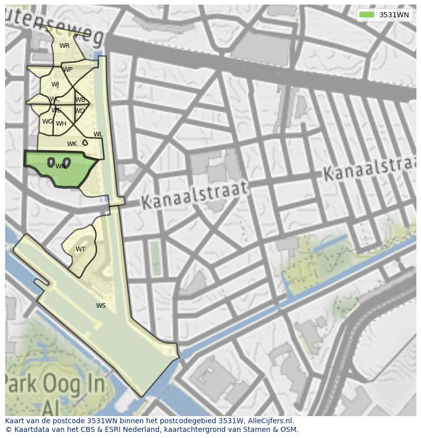 Afbeelding van het postcodegebied 3531 WN op de kaart.
