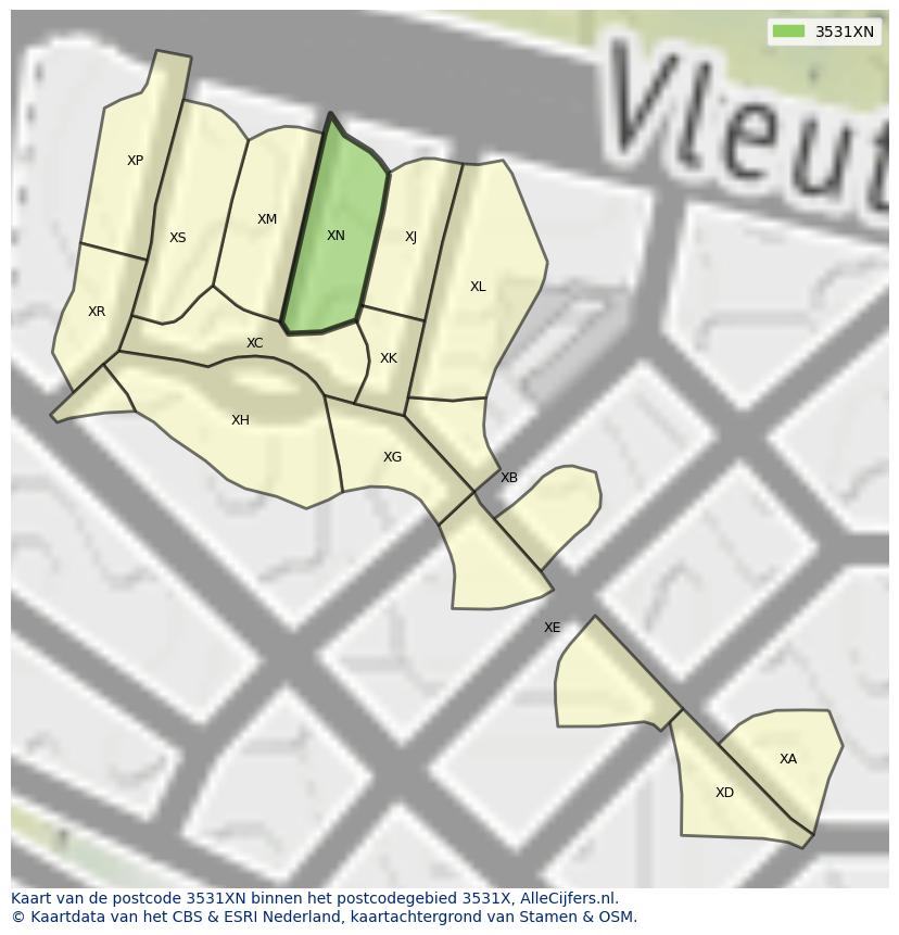Afbeelding van het postcodegebied 3531 XN op de kaart.