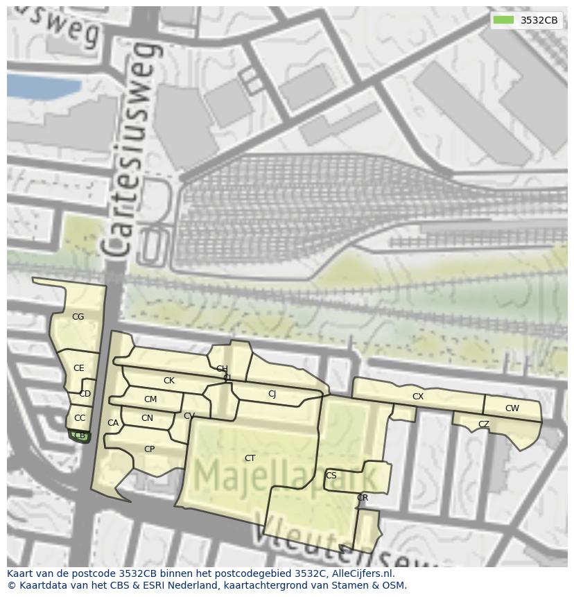 Afbeelding van het postcodegebied 3532 CB op de kaart.