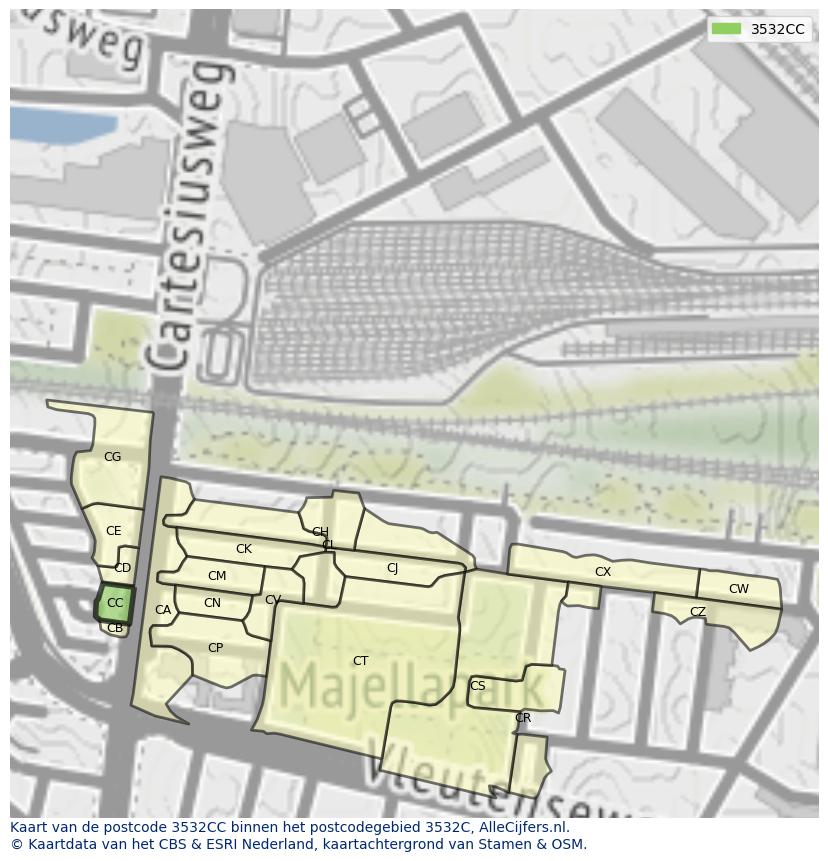 Afbeelding van het postcodegebied 3532 CC op de kaart.