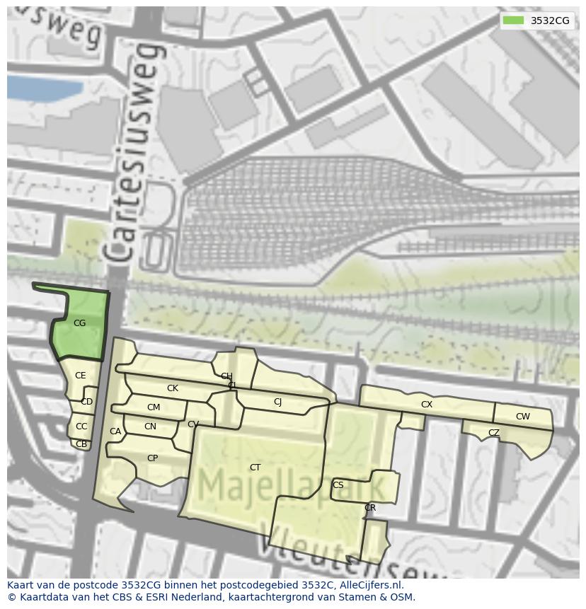 Afbeelding van het postcodegebied 3532 CG op de kaart.