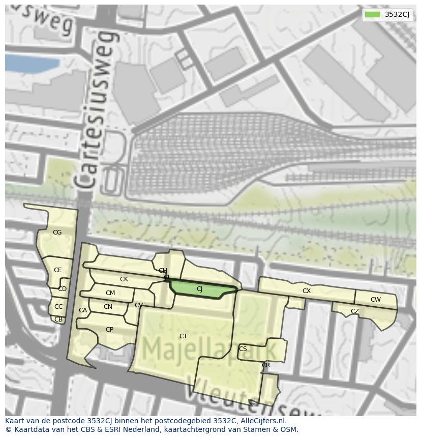 Afbeelding van het postcodegebied 3532 CJ op de kaart.