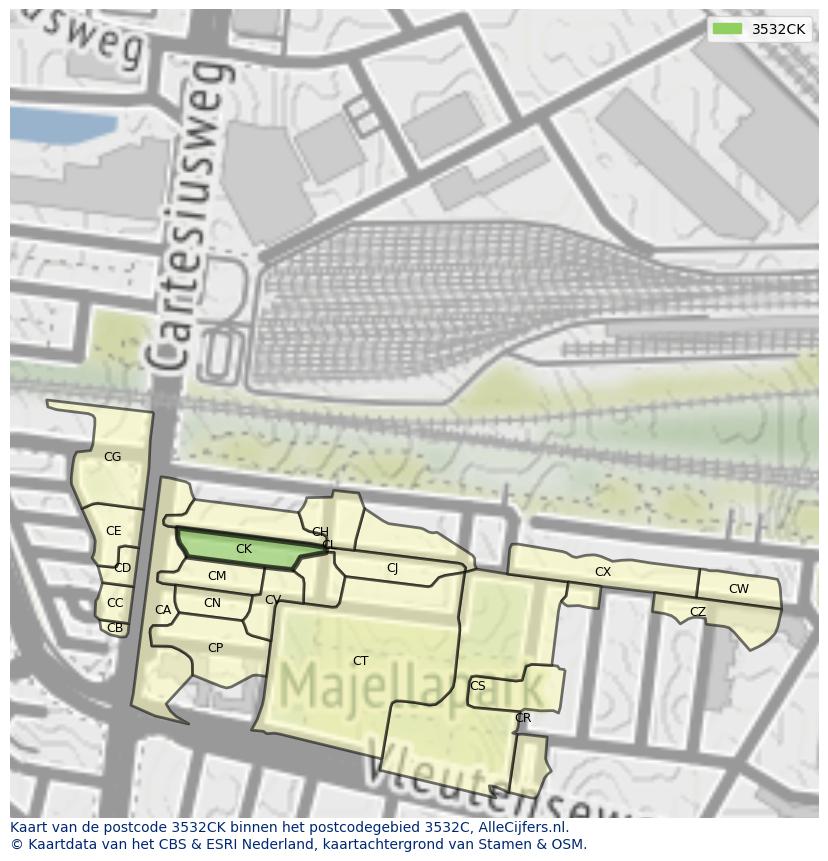 Afbeelding van het postcodegebied 3532 CK op de kaart.
