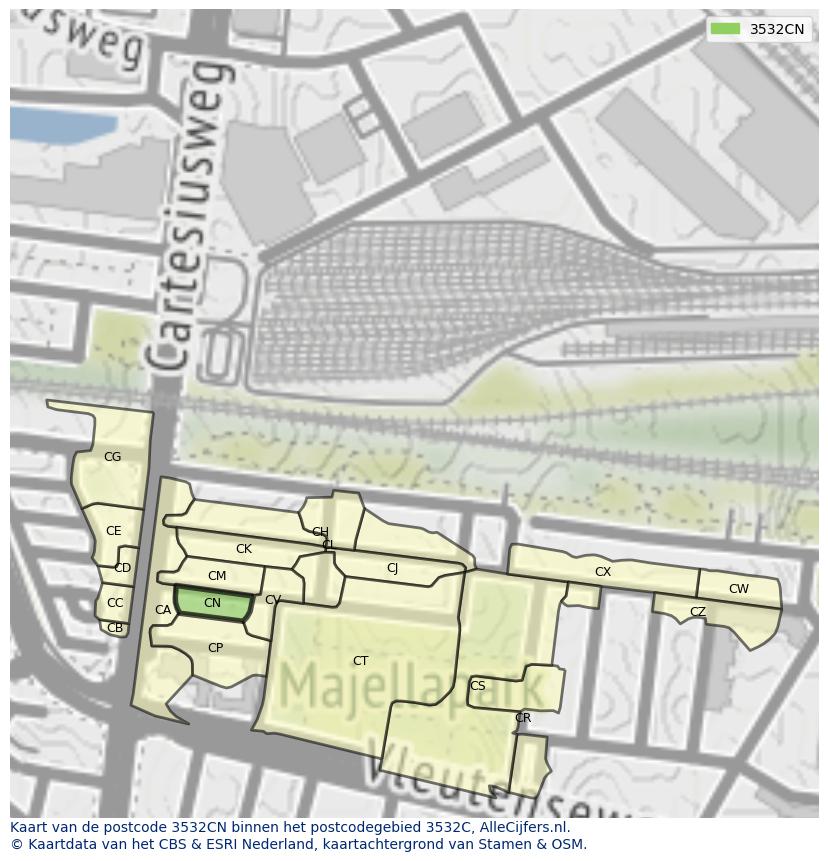 Afbeelding van het postcodegebied 3532 CN op de kaart.