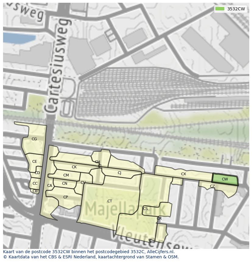 Afbeelding van het postcodegebied 3532 CW op de kaart.