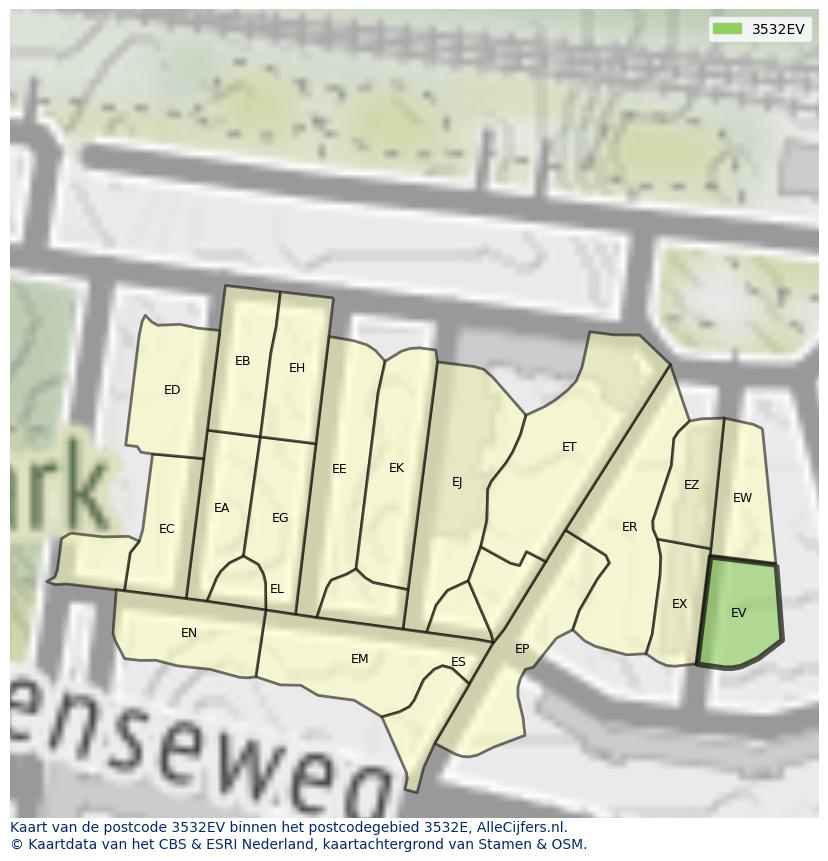 Afbeelding van het postcodegebied 3532 EV op de kaart.