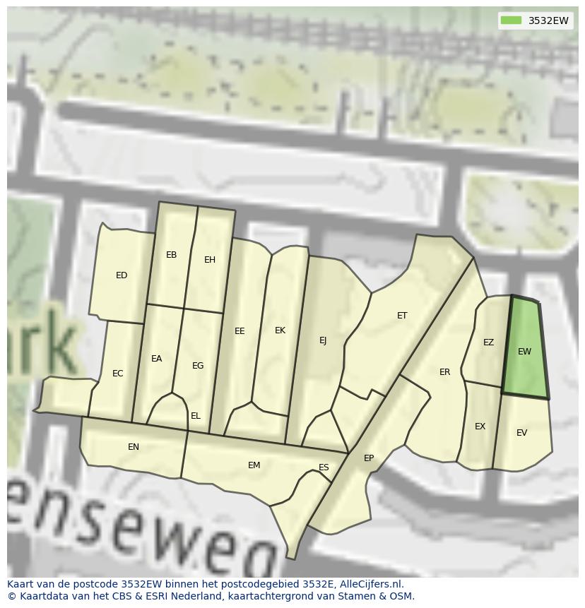 Afbeelding van het postcodegebied 3532 EW op de kaart.