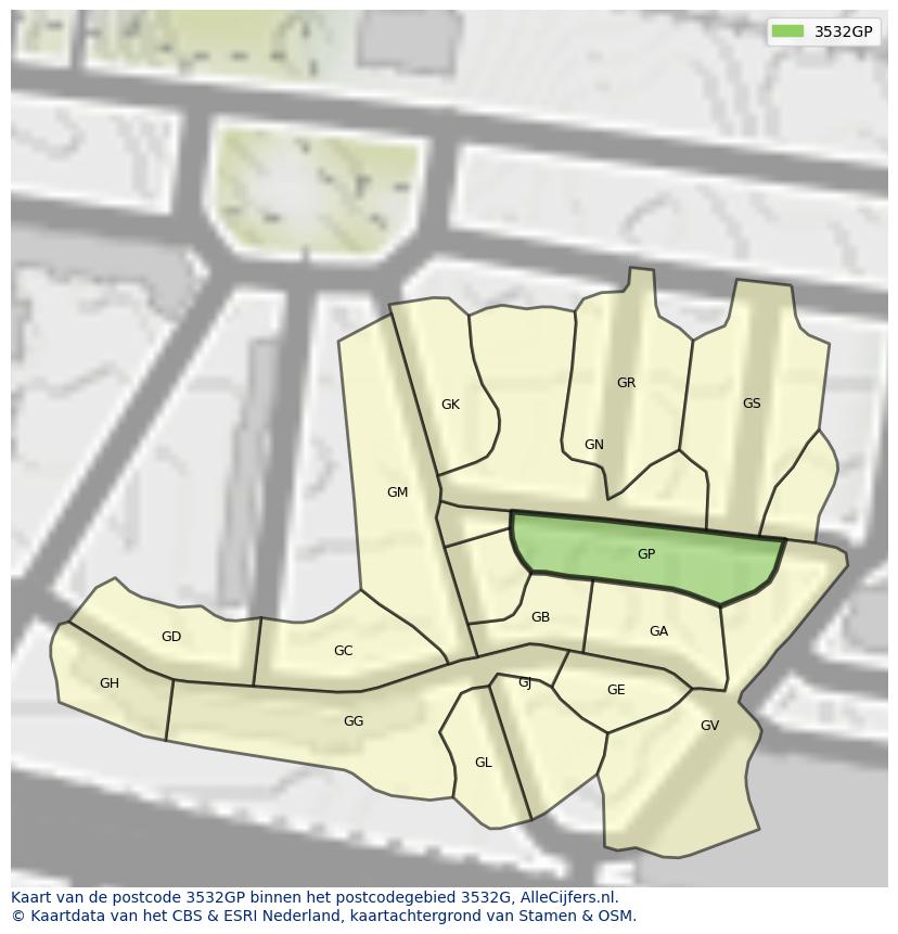 Afbeelding van het postcodegebied 3532 GP op de kaart.