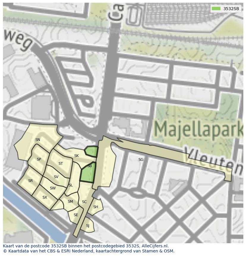 Afbeelding van het postcodegebied 3532 SB op de kaart.