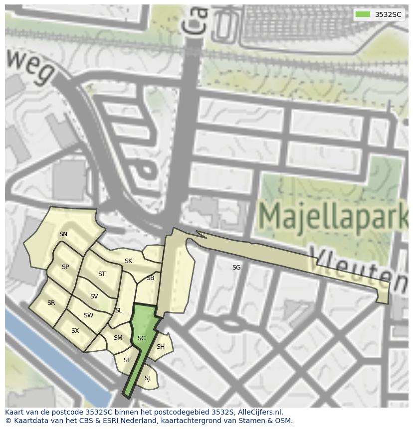 Afbeelding van het postcodegebied 3532 SC op de kaart.