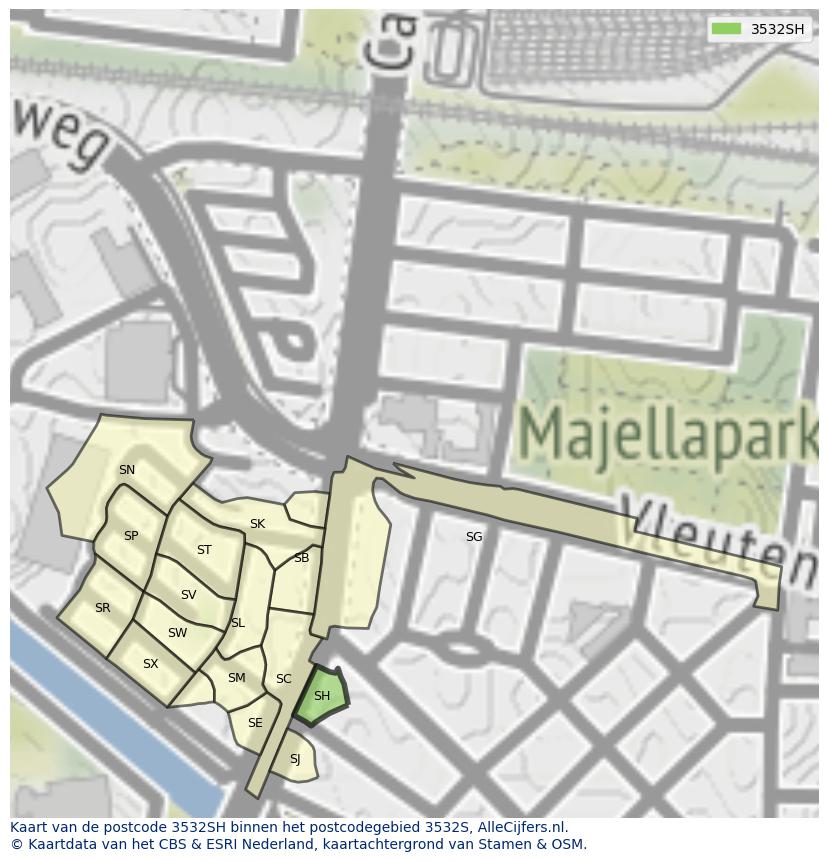 Afbeelding van het postcodegebied 3532 SH op de kaart.