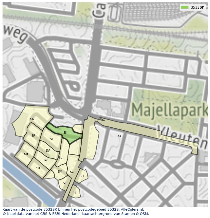 Afbeelding van het postcodegebied 3532 SK op de kaart.